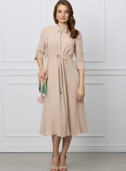 Rochie Crina bej tip camasa cu snur in talie