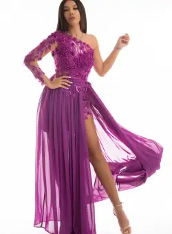 Rochie de ocazie lunga din voal fucsia cu broderie 3D