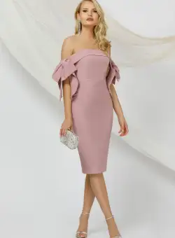 Rochie de ocazie tip creion rose cu funde maxi pe umeri