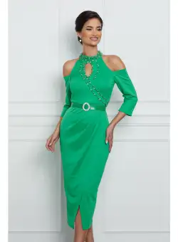 Rochie Diana verde cu guler si decupaje la umeri