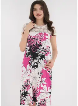 Rochie din saten cu print fucsia si dantela alba