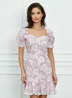 Rochie Dora roz cu imprimeuri florale albe si nasturi decorativi