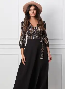 Rochie Dorina neagra cu imprimeu bej la bust