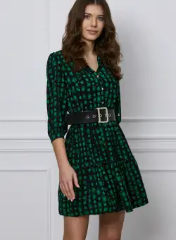 Rochie Dorina neagra cu imprimeuri verde si curea in talie