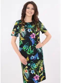 Rochie dreapta neagra cu print exotic