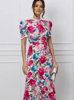 Rochie Dy Fashion alba cu flori colorate si volanase la maneci si decolteu