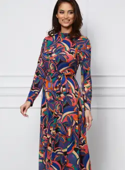 Rochie Dy Fashion albastra cu imprimeuri corai cu cordon in talie