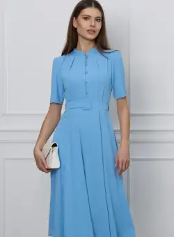 Rochie Dy Fashion bleu cu nasturi la bust si curea in talie