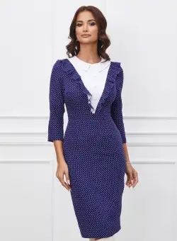 Rochie Dy Fashion bleumarin cu buline si nasturi la bust