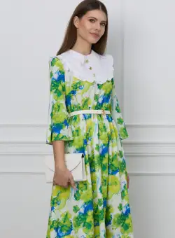 Rochie Dy Fashion clos alba cu imprimeu albastru-verde si curea in talie