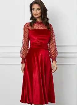 Rochie Dy Fashion clos rosie din catifea cu maneci din tull cu buline