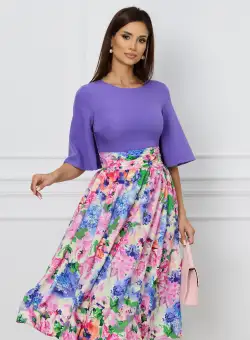Rochie Dy Fashion cu bust mov si fusta cu imprimeu floral
