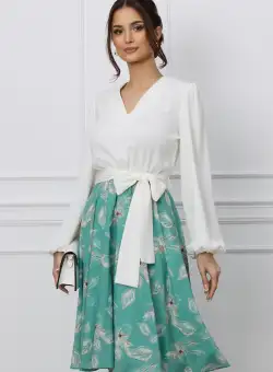 Rochie Dy Fashion fistic cu imprimeu pe fusta si cordon in talie
