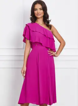 Rochie Dy Fashion fucsia pe un umar cu volanas la bust