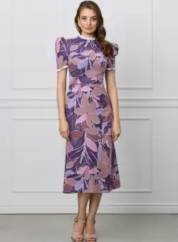 Rochie Dy Fashion mov cu imprimeuri florale si volanase la maneci si decolteu