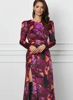 Rochie Dy Fashion mov din catifea cu imprimeuri si crepeu pe fusta