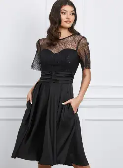 Rochie Dy Fashion neagra din satin cu broderie la bust
