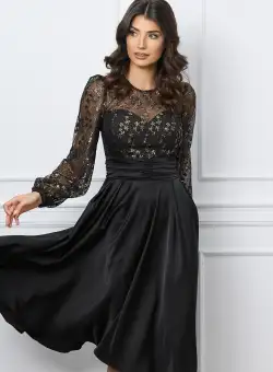 Rochie Dy Fashion neagra din satin cu dantela florala aurie la bust