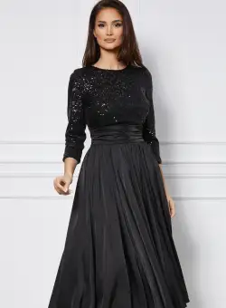 Rochie Dy Fashion neagra din satin cu paiete la bust
