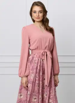 Rochie Dy Fashion roz cu imprimeu pe fusta si cordon in talie