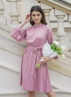 Rochie Dy Fashion roz pudra cu elastic si cordon in talie