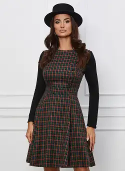 Rochie Dy Fashion turcoaz cu carouri caramizii