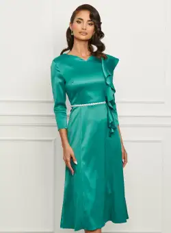 Rochie Dy Fashion turcoaz cu volan la bust si accesoriu in talie