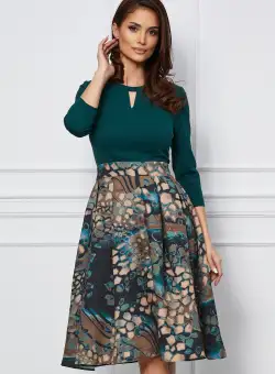 Rochie Dy Fashion verde cu imprimeu bej pe fusta