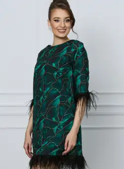 Rochie DY Fashion verde cu imprimeuri bej si pene
