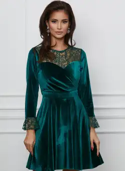 Rochie Dy Fashion verde din catifea cu bust si mansete din dantela