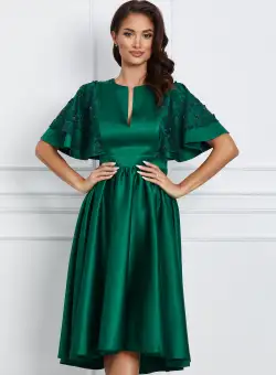 Rochie Dy Fashion verde din tafta cu maneci din dantela