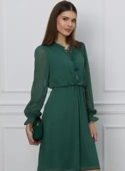 Rochie Dy Fashion verde din voal cu picatele si ciucuri la guler