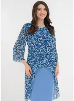 Rochie eleganta albastra cu imprimeu floral si aspect suprapus