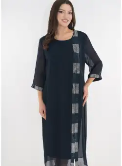 Rochie eleganta bleumarin cu aspect suprapus si strasuri