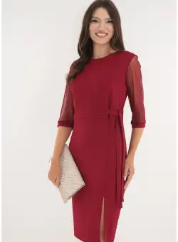 Rochie eleganta bordo cu maneci din tulle si cordon in talie