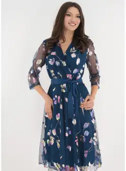 Rochie eleganta clos din mesh albastru cu print stralucitor
