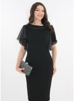 Rochie eleganta din brocard negru cu maneci ample din voal