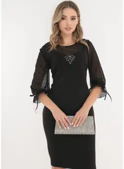 Rochie eleganta neagra cu maneci din tulle cu buline