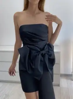 Rochie eleganta scurta din tafta neagra cu funda maxi si croiala cambrata