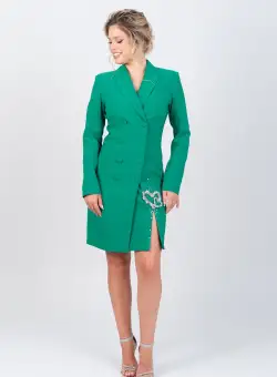 Rochie eleganta verde tip sacou cu detalii pretioase si slit pe picior