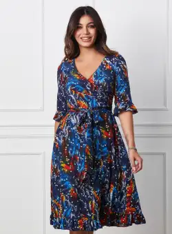 Rochie Ella Collection Adena albastra cu imprimeuri orange si cordon in talie