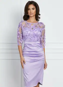 Rochie Ella Collection Catlin lila cu flori la bust si maneci scurte