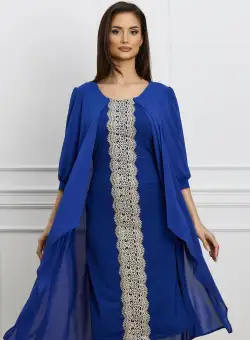 Rochie Ella Collection Genoveva albastra cu broderie si capa din voal