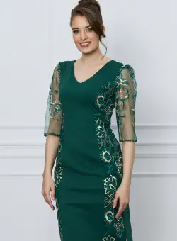 Rochie Ella Collection Sofia verde cu broderie bej