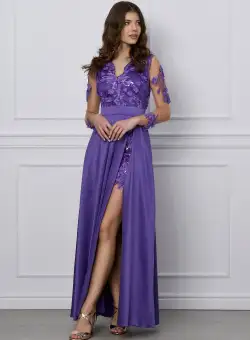 Rochie Ella Collection Vanessa mov lunga cu flori 3D