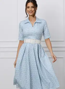 Rochie Gabi bleu cu imprimeuri albe si curea in talie