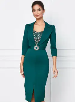 Rochie Georgina verde din neopren cu aplicatii metalice la bust si curea