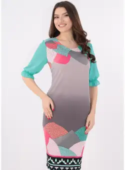 Rochie gri cu print geometric si maneci turcoaz