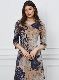Rochie Ildi bej cu imprimeuri bleumarin