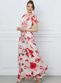Rochie Irene ivory lunga cu flori rosii si volane pe umeri